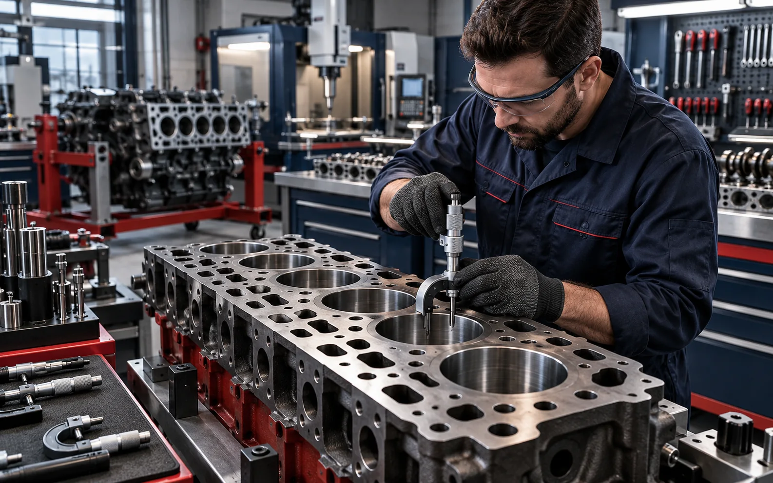 Motor Diesel em avaliação numa oficina de retífica